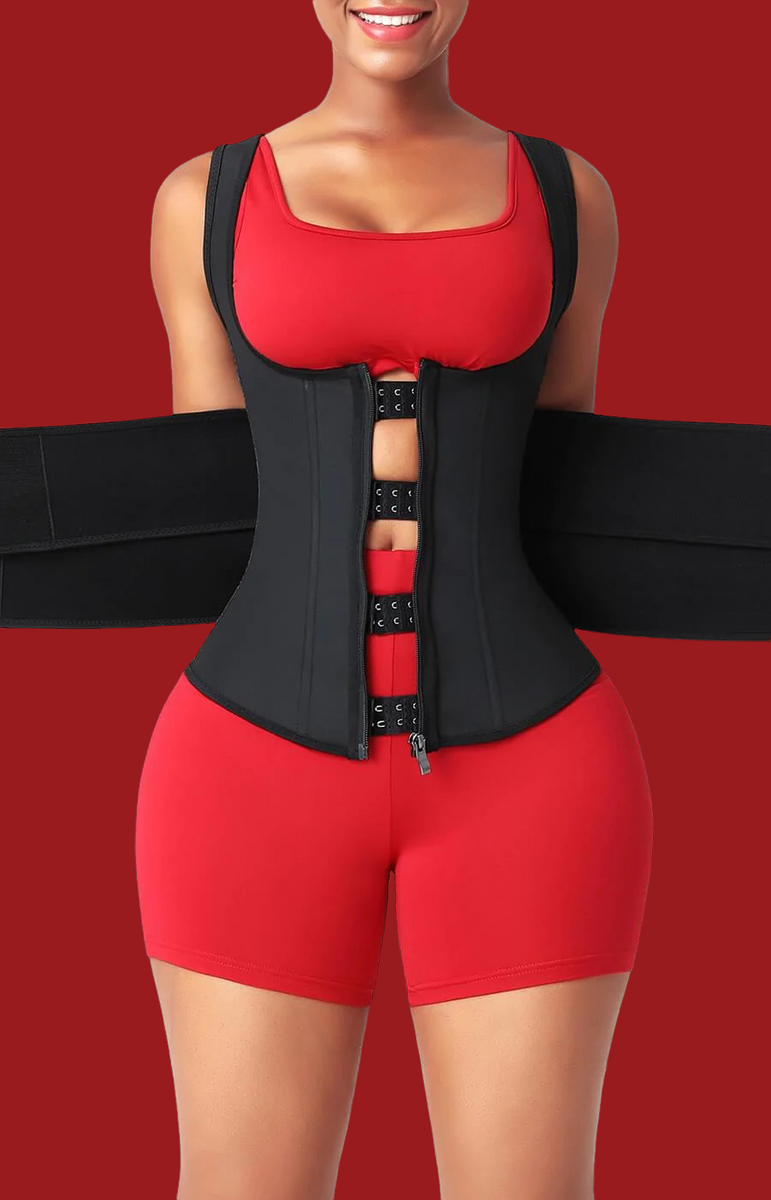 Black 9 Bone Latex Waist Trainer Vest w/ Double Velcro Belt