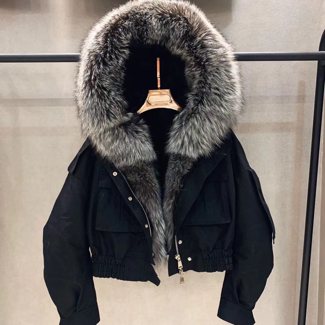 Luxury Crop Bomber  With Fox Fur Hood