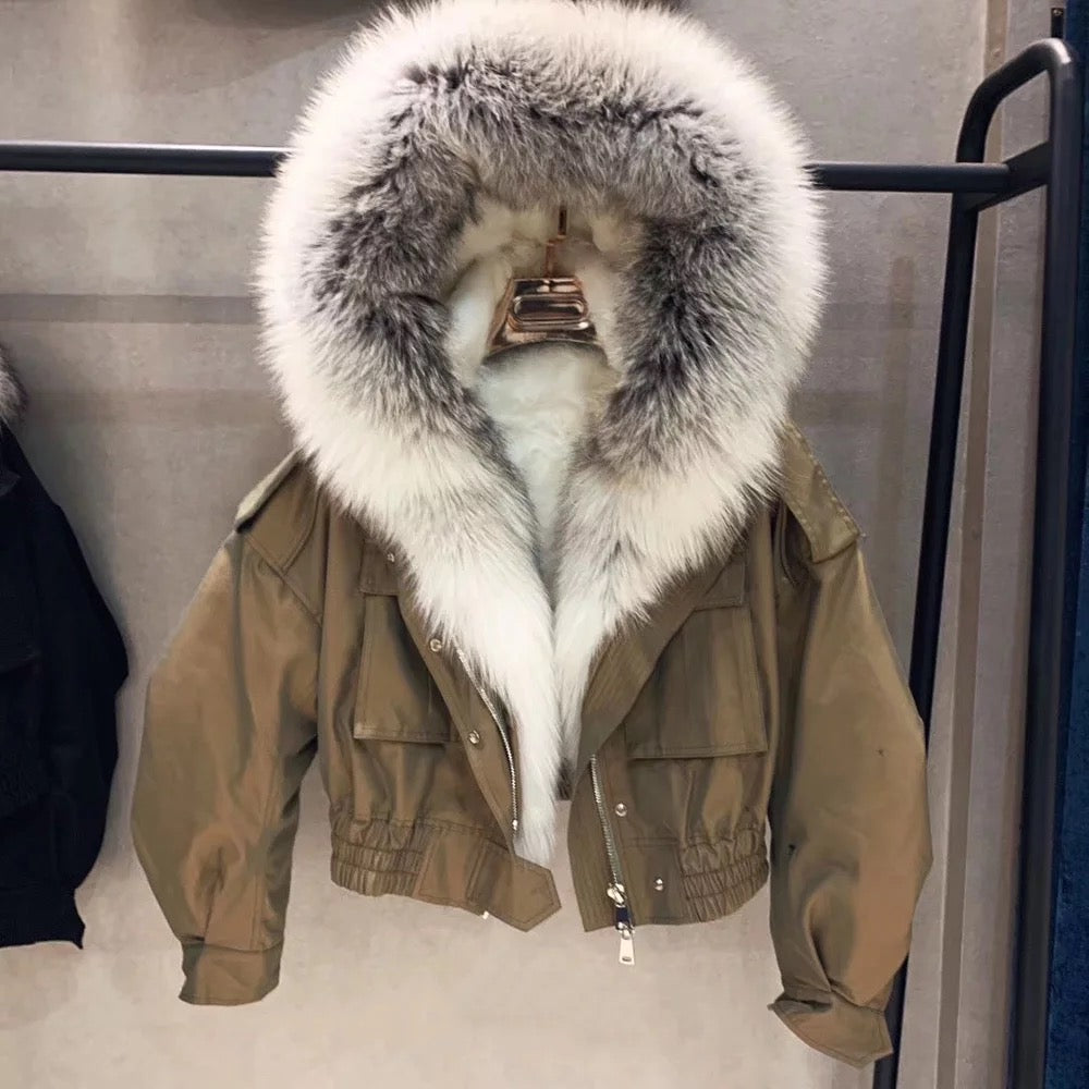Luxury Crop Bomber  With Fox Fur Hood