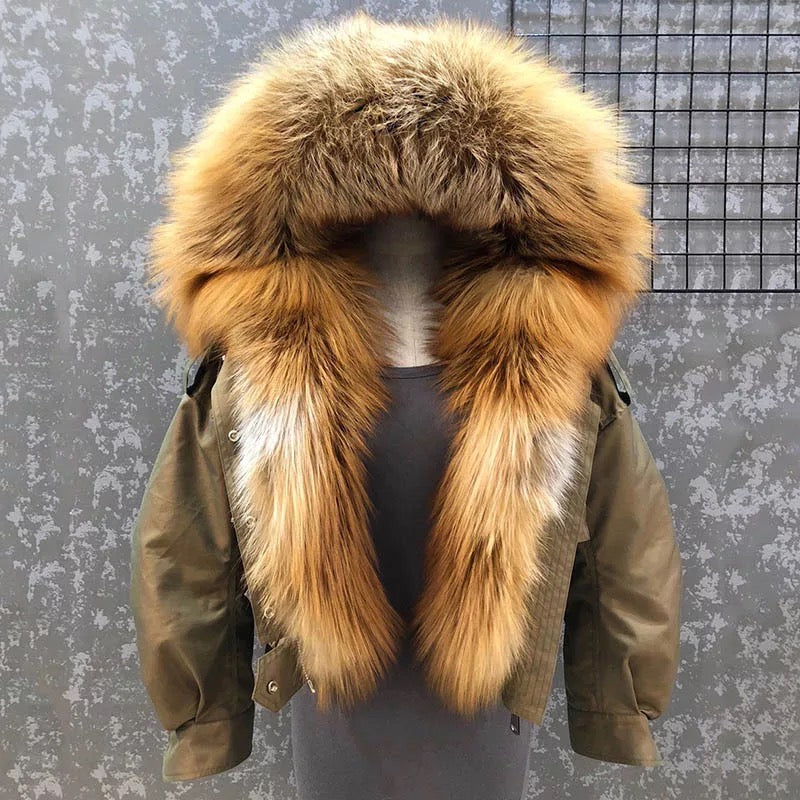 Luxury Crop Bomber  With Fox Fur Hood