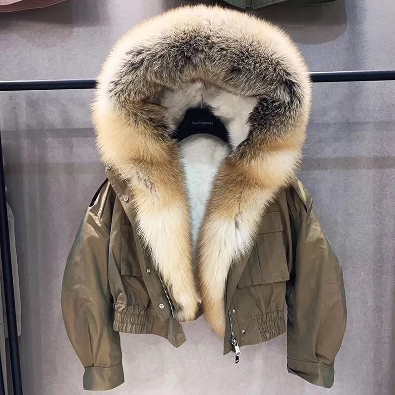 Luxury Crop Bomber  With Fox Fur Hood