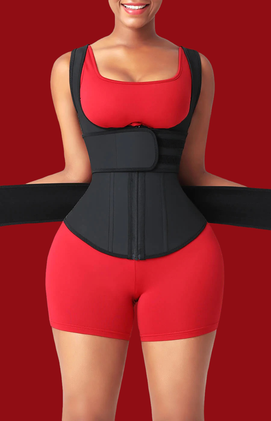 Black 9 Bone Latex Waist Trainer Vest w/ Double Velcro Belt