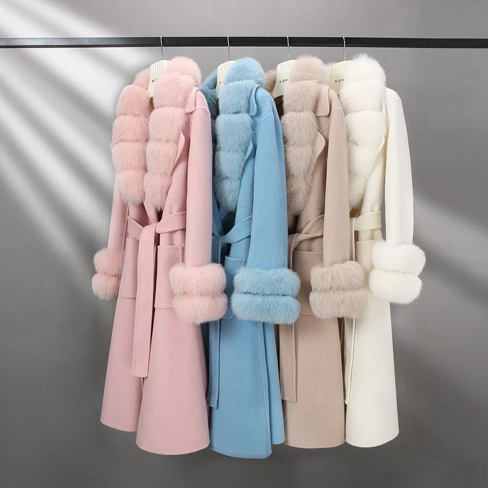 Luxury Wool Coat Fox Fur Collar